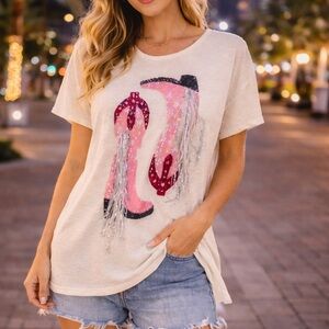 Blue B Pink Sequin Cowboy Boots Fringe Tee Western Nashville Graphic Shirt 😍